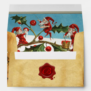 RED CHRISTMAS ELVES,HOLLYBERRIES Wax Seal Monogram Envelope