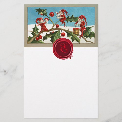 RED CHRISTMAS ELVESHOLLYBERRIES Wax Seal Monogram Stationery