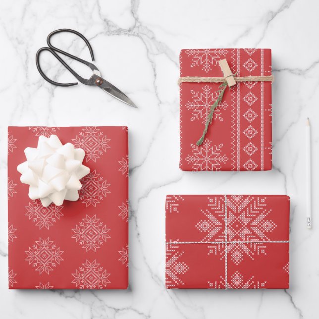 Red christmas embroidery nordic snowflake art   wrapping paper sheets (Front)