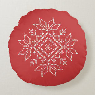 Red christmas embroidery snowflake art seasonal round pillow