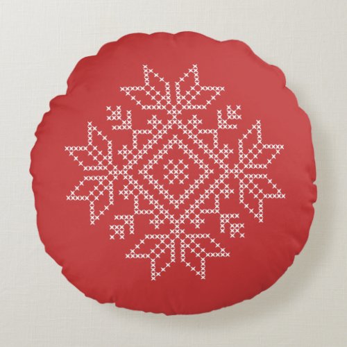 Red christmas embroidery snowflake art seasonal  round pillow