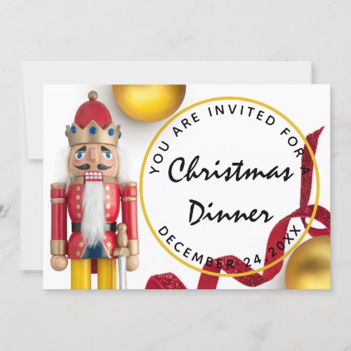 Red Christmas Eve Dinner White gold Nutcracker Invitation