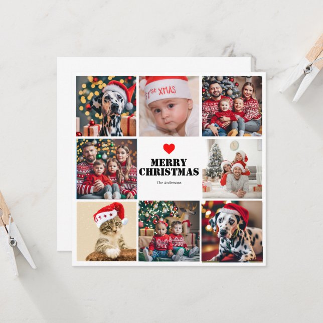 Red Christmas Family 8 Photo Collage Holiday Card (Front/Back In Situ)
