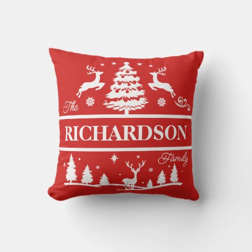 Red Christmas Family Name  Custom Name Monogram Throw Pillow