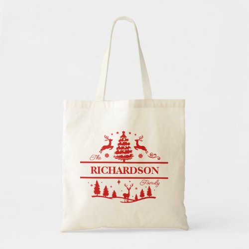 Red Christmas Family Name  Custom Name Monogram Tote Bag