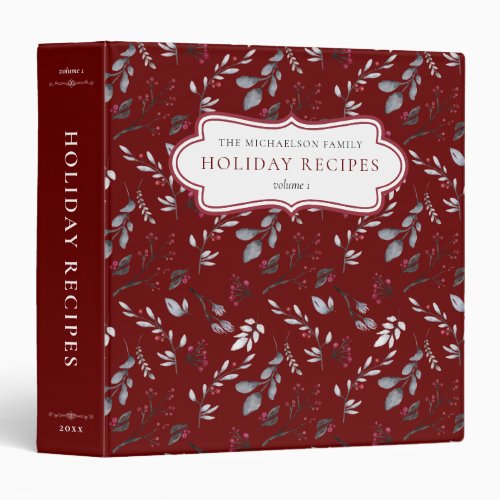 Red Christmas Family Recipes Watercolor Foliage 3 Ring Binder