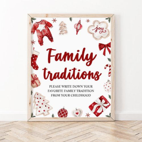 Red Christmas Family Traditions Baby Shower Sign