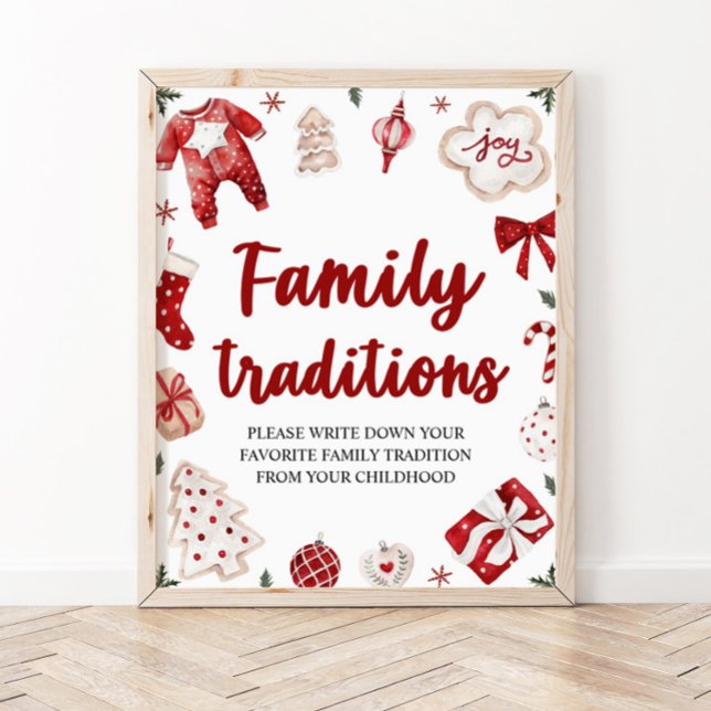 Red Christmas Family Traditions Baby Shower Sign (Creator Uploaded)