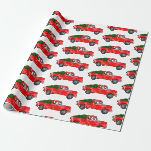Red Christmas Farm Truck Wrapping Paper