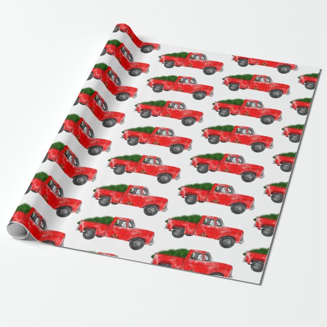 Red Christmas Farm Truck Wrapping Paper (Unrolled)