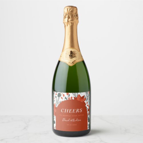 Red Christmas Festive Floral Holiday Wedding Arch Sparkling Wine Label