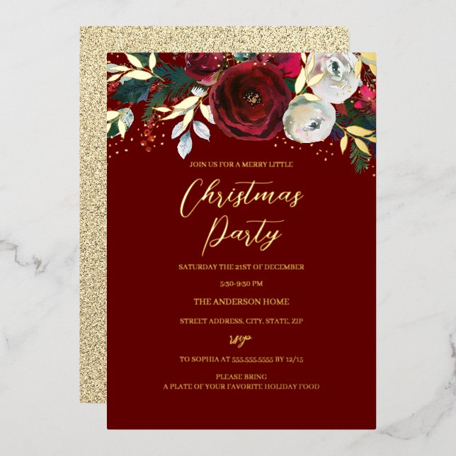 Red Christmas Festive Foliage Party Foil Invitation (Front/Back)