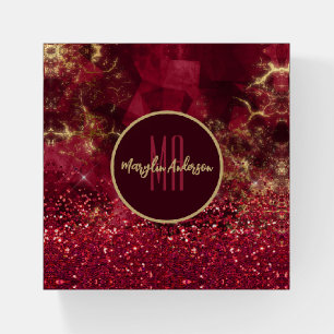RED CHRISTMAS FIRE OPAL GLITTER CUSTOM MONOGRAM PAPERWEIGHT
