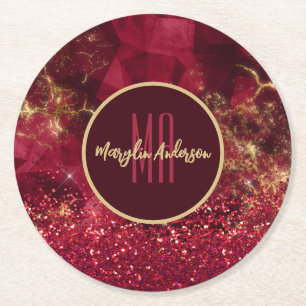 RED CHRISTMAS FIRE OPAL GLITTER CUSTOM MONOGRAM ROUND PAPER COASTER