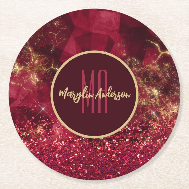 RED CHRISTMAS FIRE OPAL GLITTER CUSTOM MONOGRAM ROUND PAPER COASTER (Front)