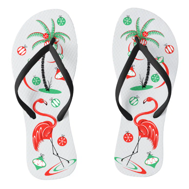 Red Christmas Flamingo Baubles flip flops | Zazzle