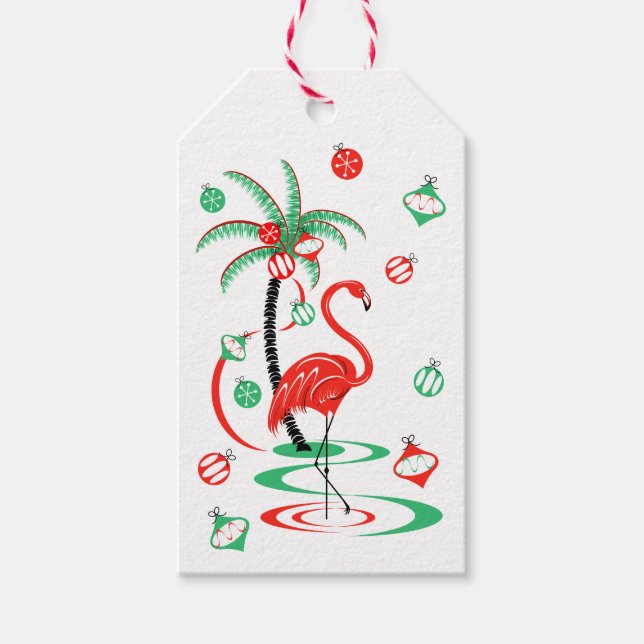 Red Christmas Flamingo Baubles gift tag portrait (Front)