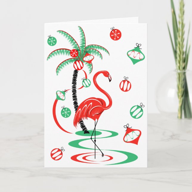 Red Christmas Flamingo Baubles greetings card (Front)
