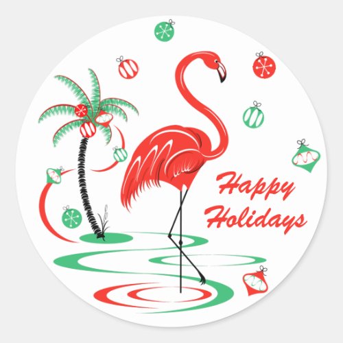 Red Christmas Flamingo Baubles Holidays round Classic Round Sticker