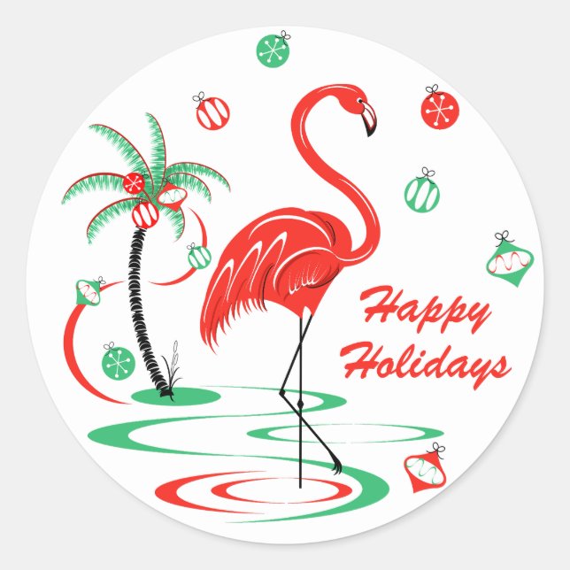 Red Christmas Flamingo Baubles Holidays round Classic Round Sticker (Front)