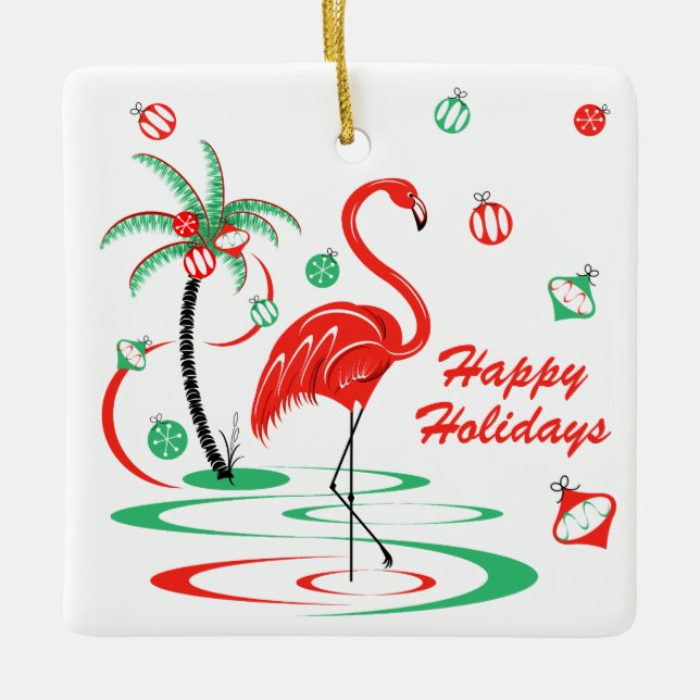 Red Christmas Flamingo Baubles Holidays square Ceramic Ornament (Front)