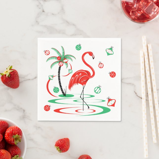 Red Christmas Flamingo Baubles napkin paper (Insitu)
