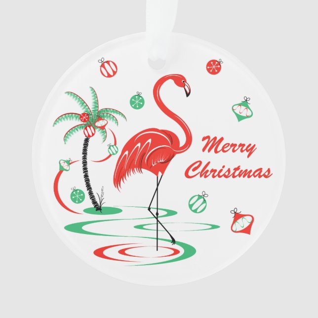 Red Christmas Flamingo Christmas acrylic round Ornament (Front)
