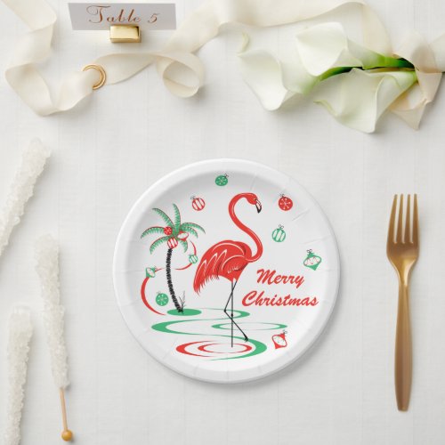 Red Christmas Flamingo Christmas paper plate