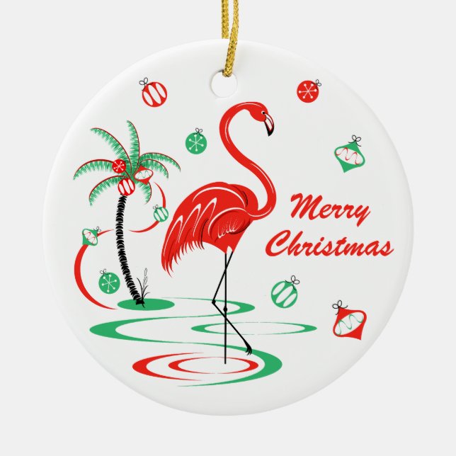 Red Christmas Flamingo Christmas round Ceramic Ornament (Front)