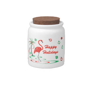 Red Christmas Flamingo Happy Holidays candy jar