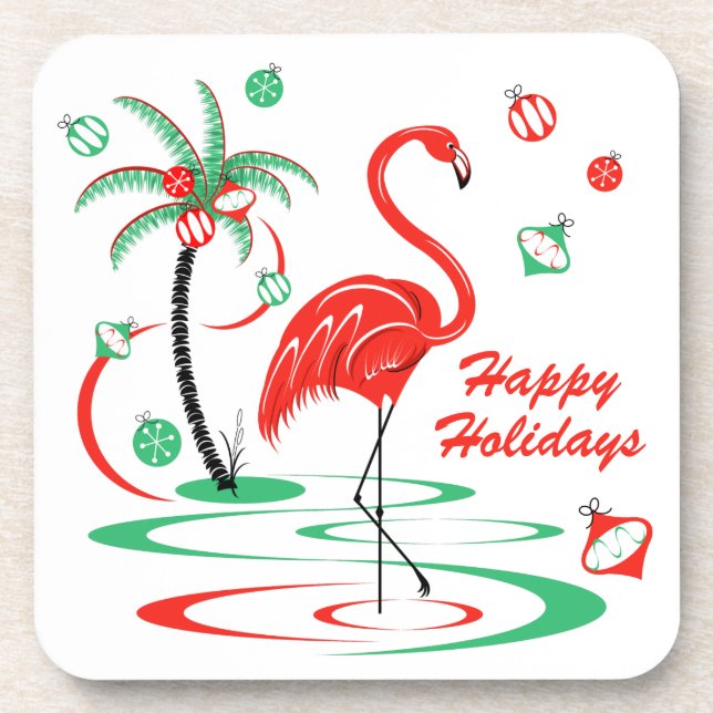 Red Christmas Flamingo Happy Holidays plastic Beverage Coaster (Front)