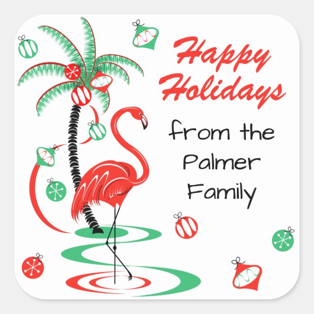 Red Christmas Flamingo Happy Holidays Text square Sticker (Front)