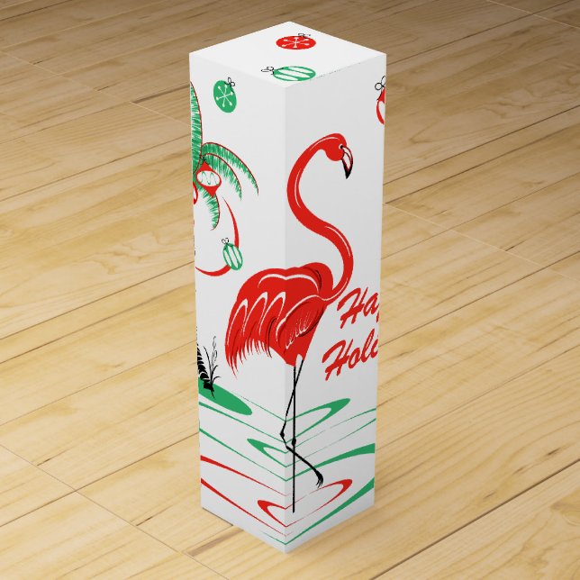 Red Christmas Flamingo Happy Holidays wine box (Front)