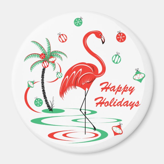 Red Christmas Flamingo Holidays magnet round (Front)
