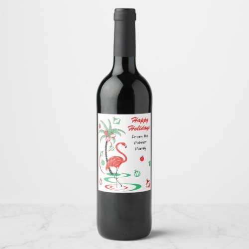 Red Christmas Flamingo Holidays Text wine label