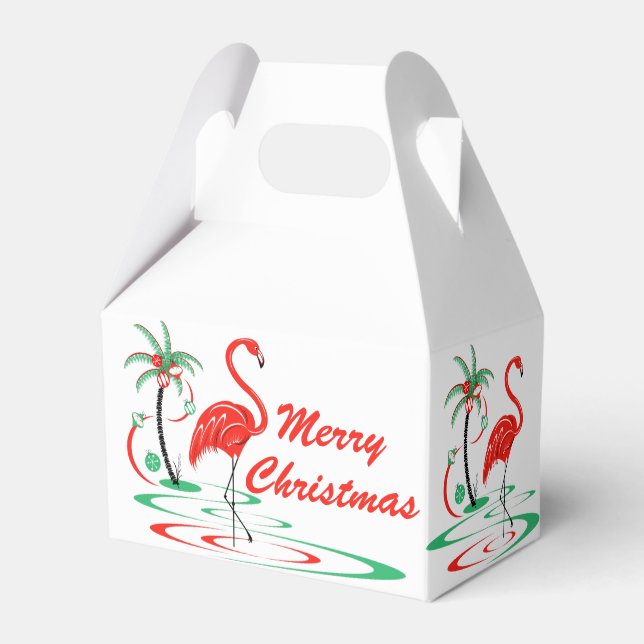 Red Christmas Flamingo Merry Christmas gable Favor Boxes (Front Side)