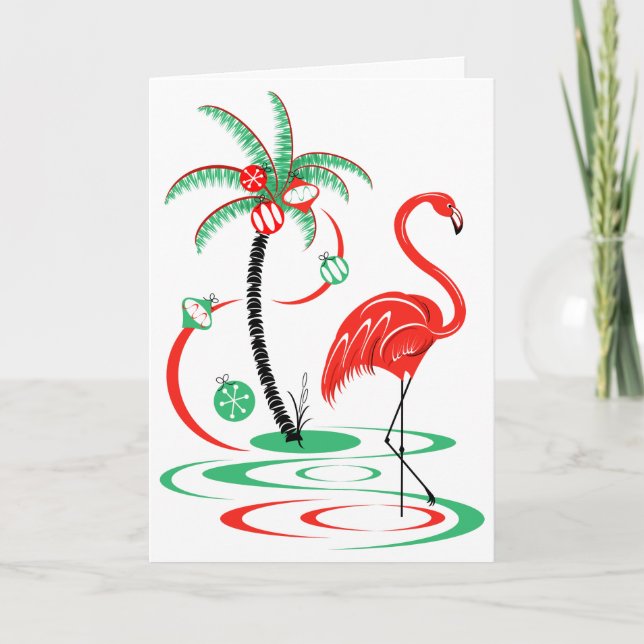 Red Christmas Flamingo Merry Christmas inside text Holiday Card (Front)