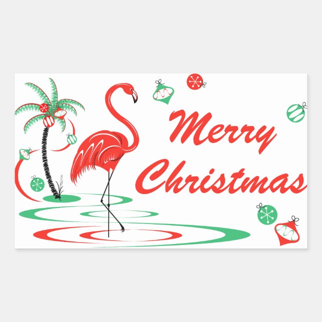 Red Christmas Flamingo Merry Christmas rectangle Rectangular Sticker (Front)
