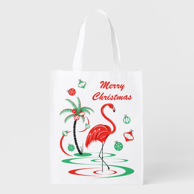Red Christmas Flamingo Merry Christmas reusable Grocery Bag (Front)