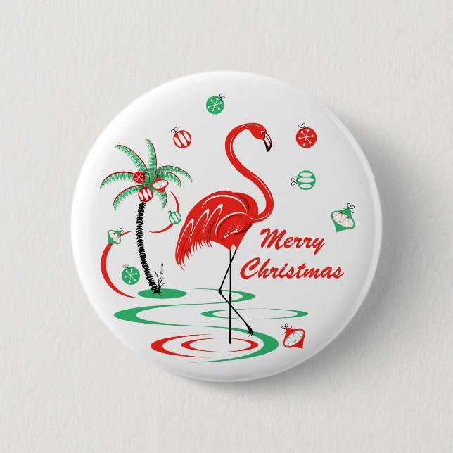 Red Christmas Flamingo Merry Christmas round Button (Front)