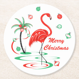 Red Christmas Flamingo Merry Christmas round Paper Coaster
