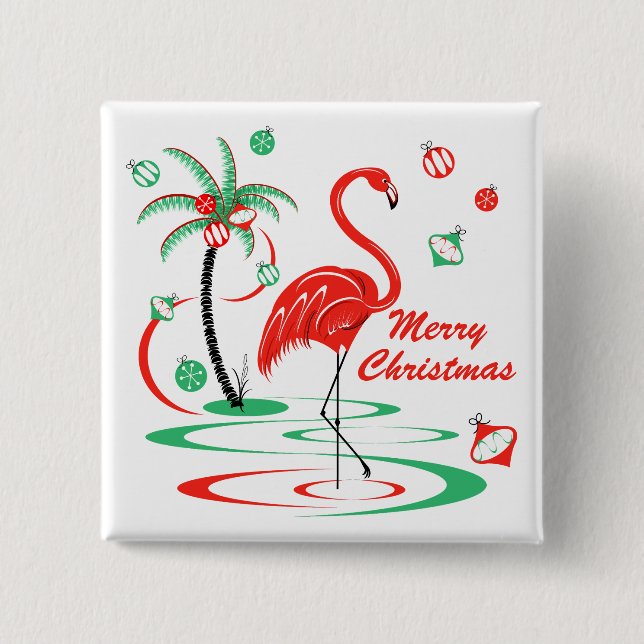 Red Christmas Flamingo Merry Christmas square Button (Front)