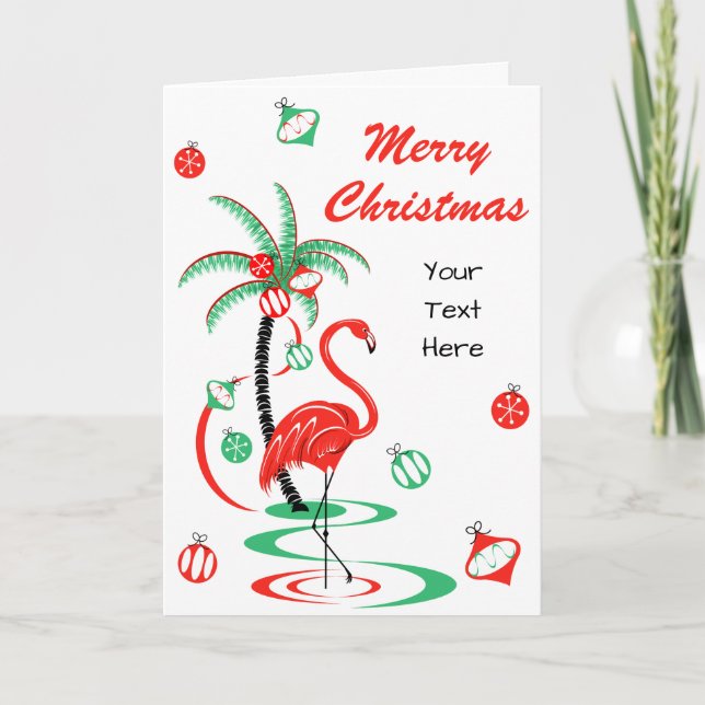 Red Christmas Flamingo Merry Christmas Text front Holiday Card (Front)