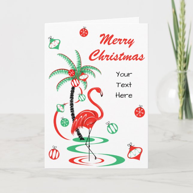 Red Christmas Flamingo Merry Christmas Text front Holiday Card (Front)