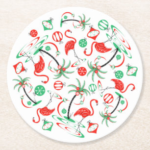Red Christmas Flamingo Multi round Paper Coaster