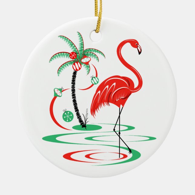 Red Christmas Flamingo ornament round (Front)