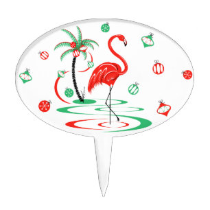 Red Christmas Flamingo oval cake topper