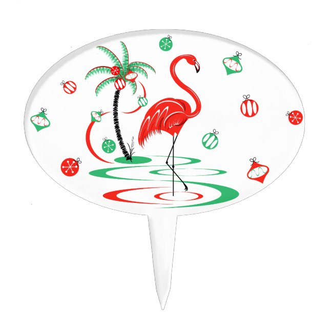 Red Christmas Flamingo oval cake topper (Front)