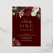 Red Christmas Floral Girl 1st Birthday Gold  Foil Invitation (Standing Front)