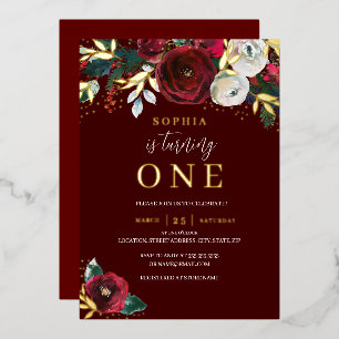 Red Christmas Floral Girl 1st Birthday Gold  Foil Invitation